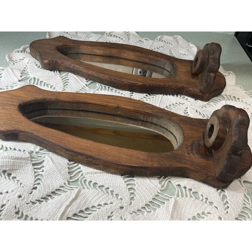 Vintage Pair Of Wooden Wall Hanging Mirrored Taper Candle Holder Sconce Rustic